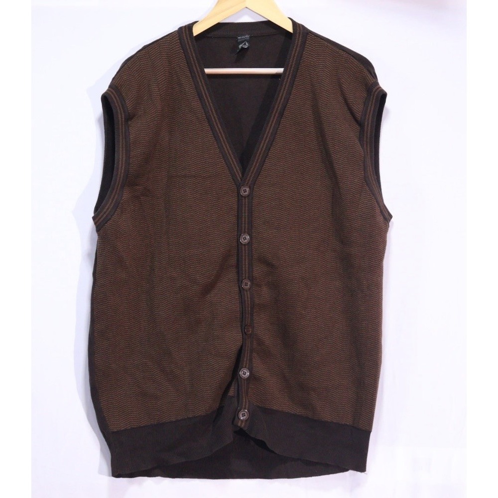 Men's Sleeveless Cardigan Pindot Brown Knit Top 50" Chest Preppy Utility Grandpa